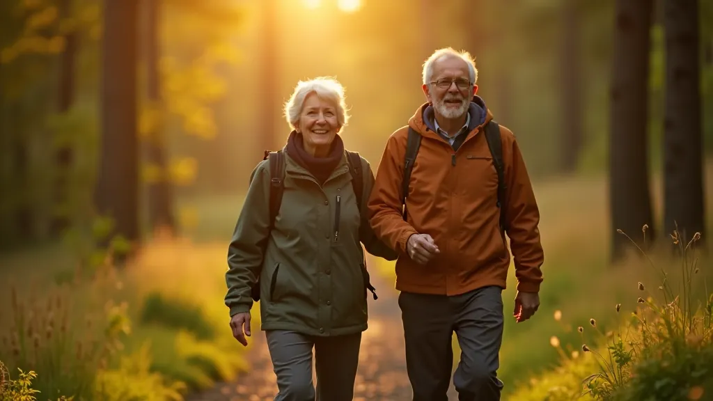 Senioru pāris sper soļu smaidot, tūrisma apģērbs, meža ceļš, skaista daba