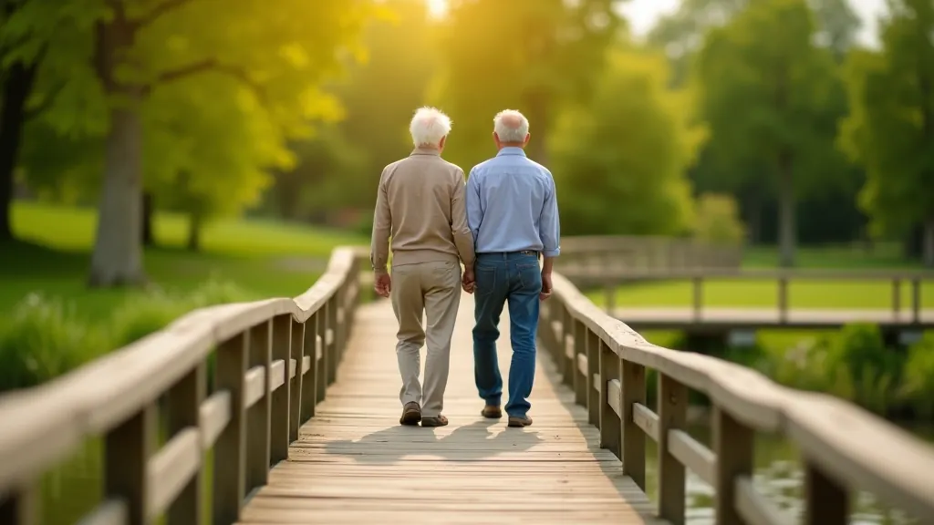 Senioru pāris stāv uz koka tilta, viņi smejas un ir laimīgi