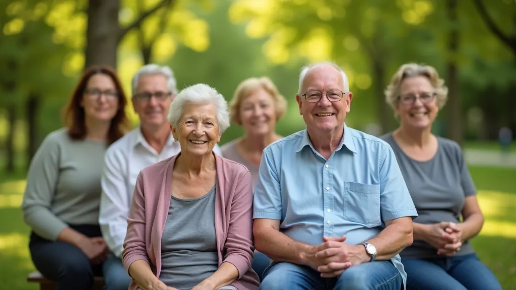 Grupas senioru fotogrāfija dabā, viņi sēž uz trīslīnijas, smaidīgi un apmierināti